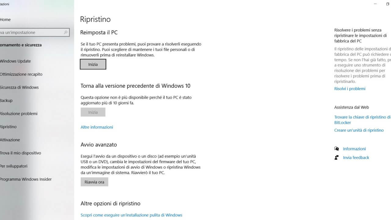 Ripristino di windows 10 salvando i dati